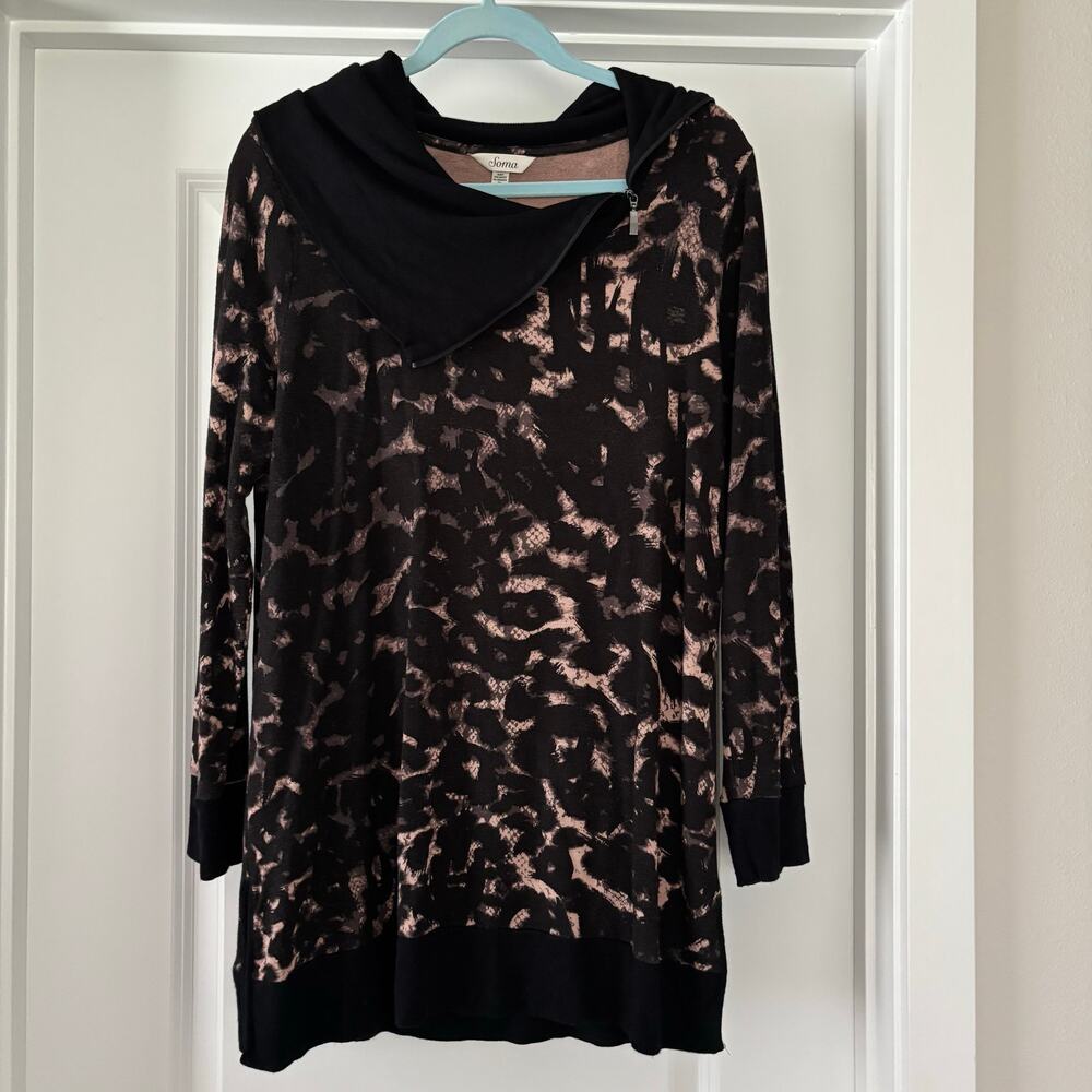 Soma Zip Cowl Neck Lightweight Sweater Size M Animal Print Rayon Fabric